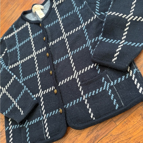 Vintage Tally Ho Blue White Checkered Knit Cardigan | Size Petite Large - Picture 5 of 8